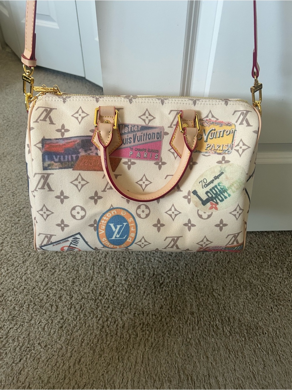 Beige Monogram Travel Patch Satchel with Blue Tag and Pink Straps - Picture 3 of 14